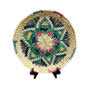 13.5" Round Multicolor Coil Basket Platter Black Red Green Yellow Bold‎ Artsy